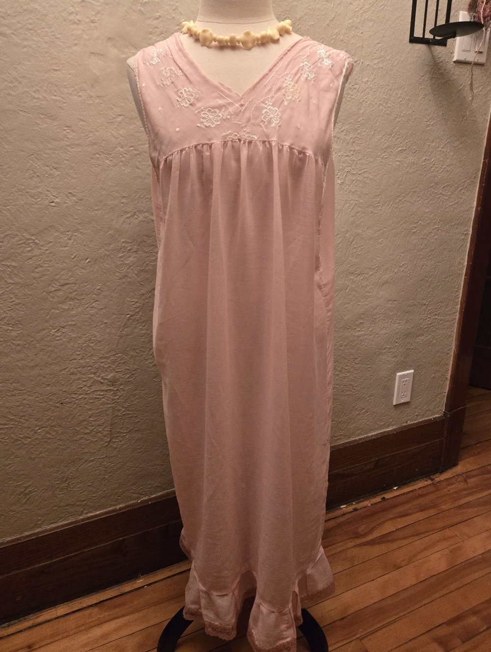 Vintage Pink Sheer Nightgown Dress Embroidered Cottagecore Slip